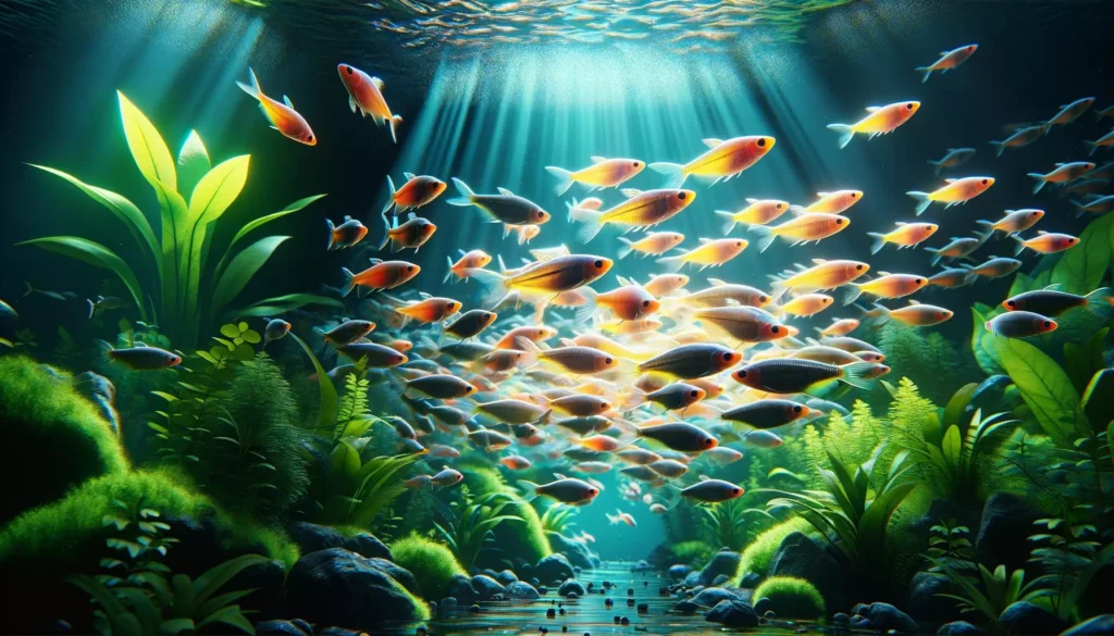 GloFish Tetras swimming in a lush, planted aquarium environment with dynamic lighting, emphasizing