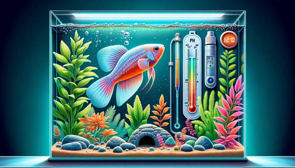 GloFish in a tank with visual indicators of water temperature, pH levels, and specific tank environment requirement