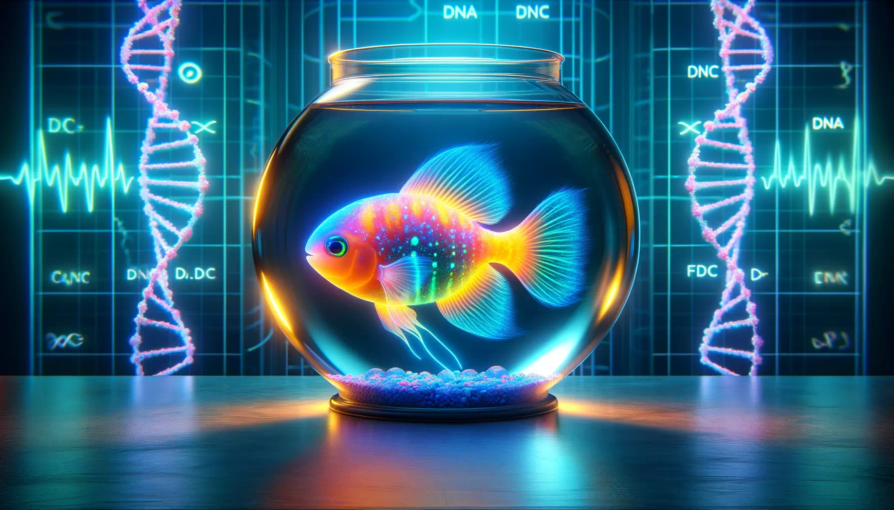 GloFish in an aquarium, focusing on the glowing aspect. The fish radiates a vibrant, neon glow. DNA strands and genetic symbols ar