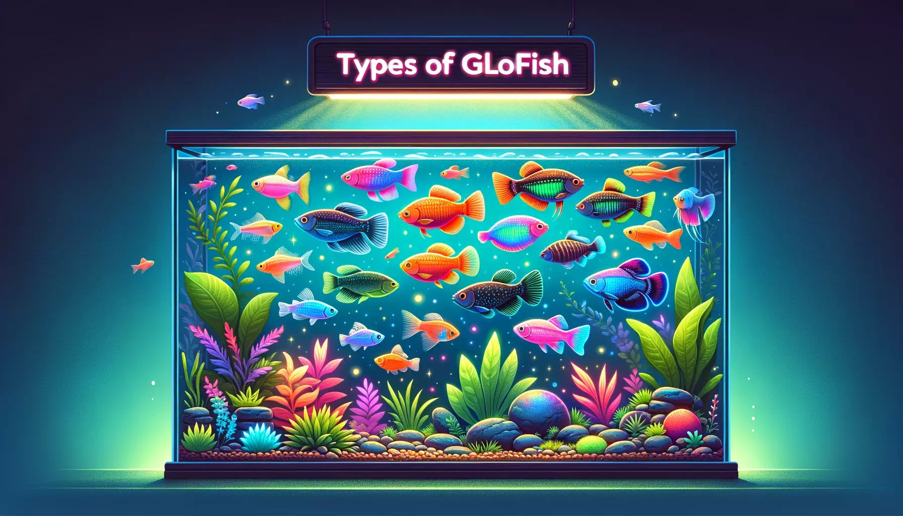 GloFish species swimming in an aquarium, with a label 'Types of GloFish' at the top. The aquarium is beautifully decorate