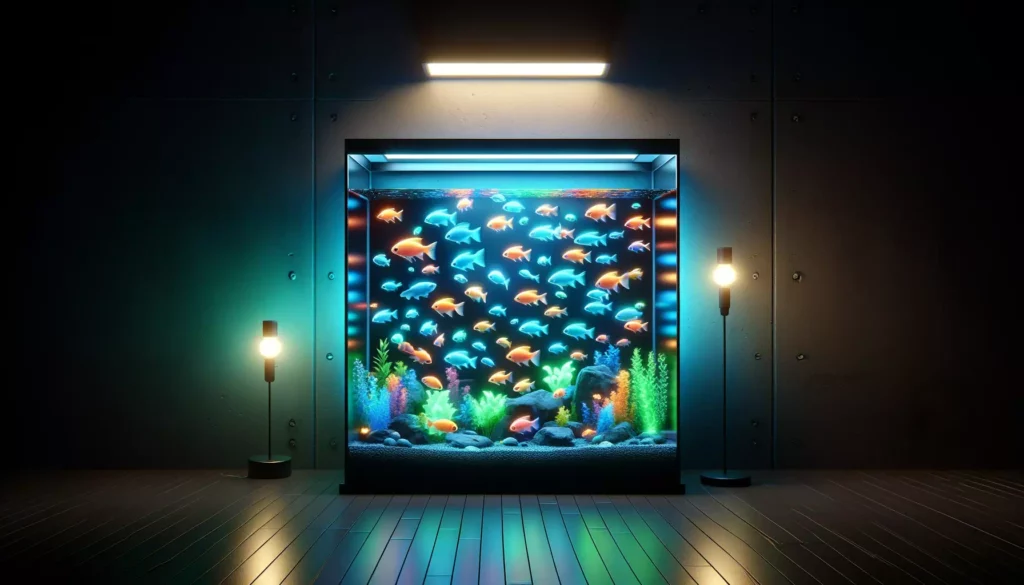 GloFish under a special light that highlights their bioluminescent proteins. Display a dark room with an aq