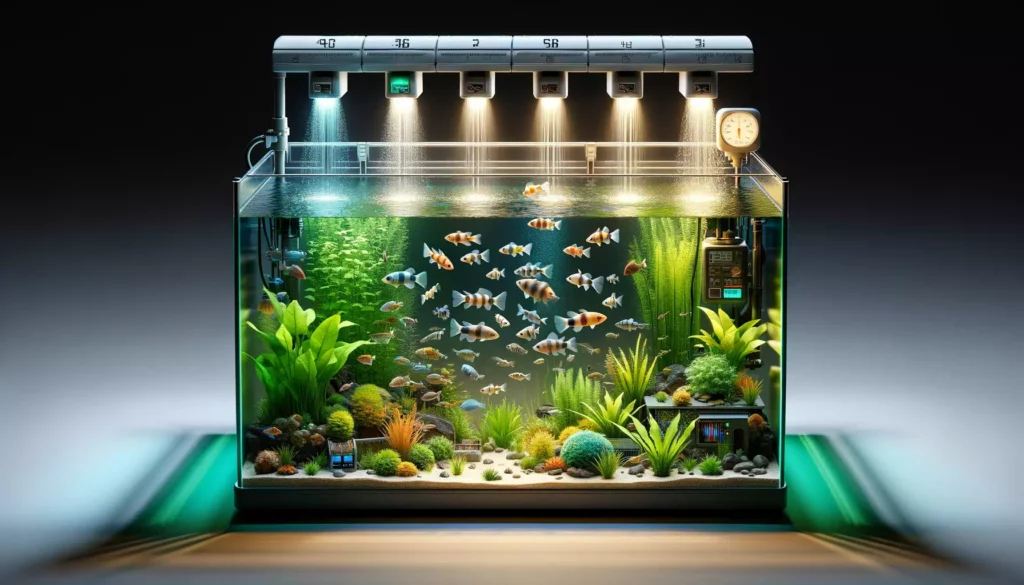 aquarium emphasizing the environmental factors influencing GloFish behavior. The aquarium is equipped with various