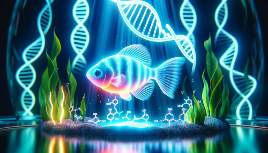 aquarium, focusing on the glowing aspect. The fish radiates a vibrant, neon glow. DNA strands and genetic symbols ar