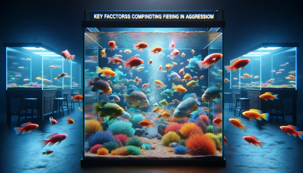 aquarium scene, showcasing key factors contributing to aggression in GloFish species. The image should depict a crowded