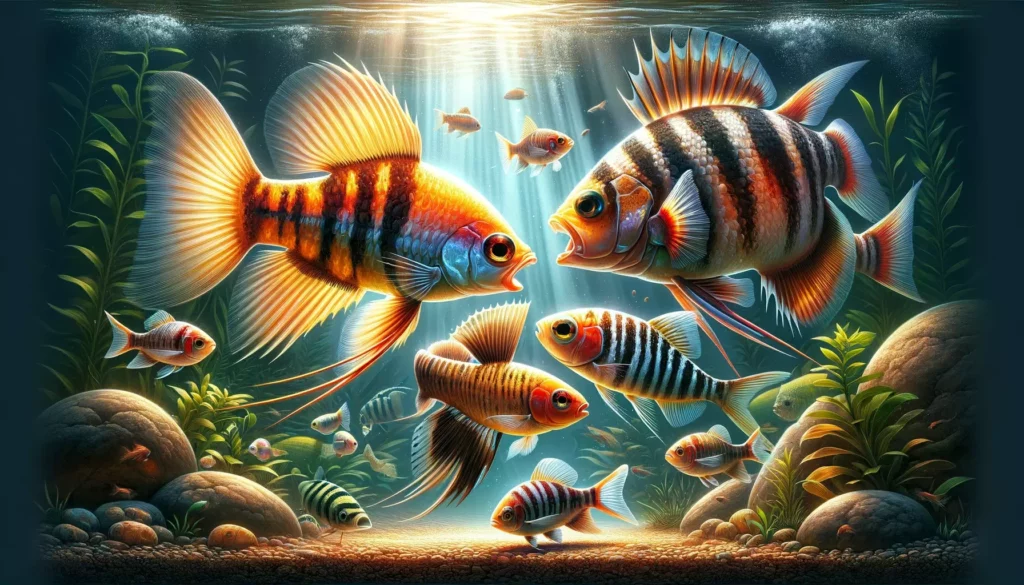 aquarium scene showing different GloFish species exhibiting signs of aggression or territorial behavior. The scene include