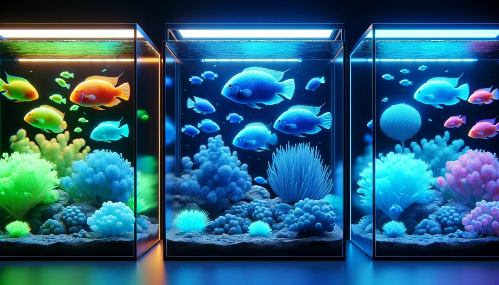 aquarium showcasing GloFish under different types of lighting. The image should illustrate how various lighting conditions, inclu