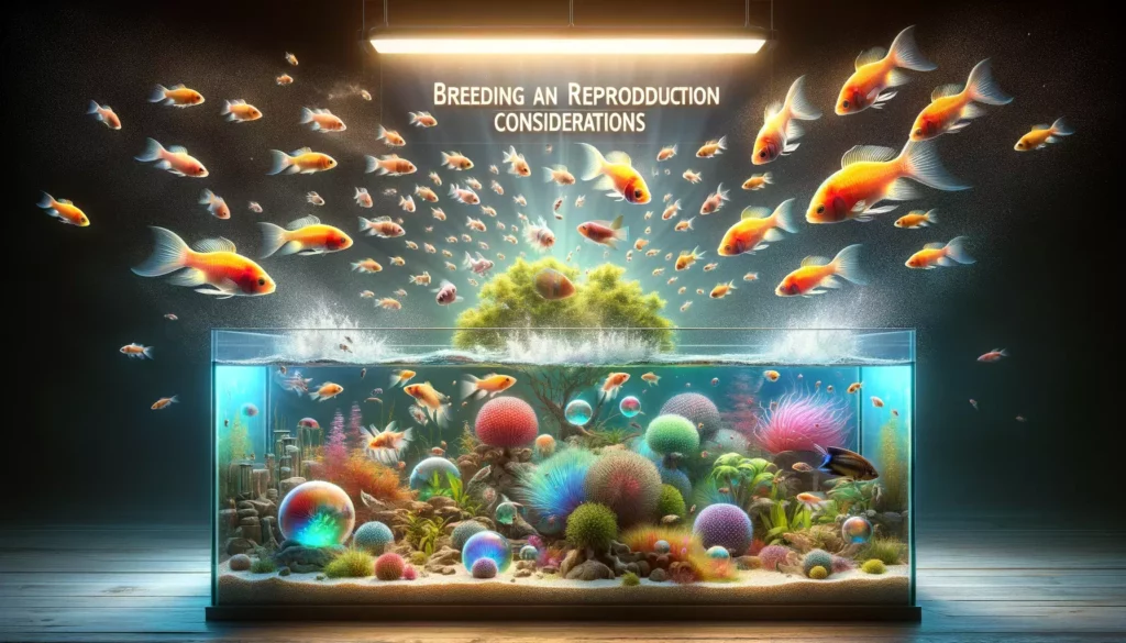 breeding and reproduction considerations in a tank with different GloFish species. The scene should show GloFish of variou