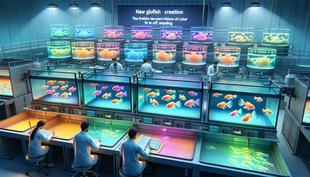 breeding facility for GloFish, showcasing the process of new GloFish creation and the transmission of color to offspring. Depict a