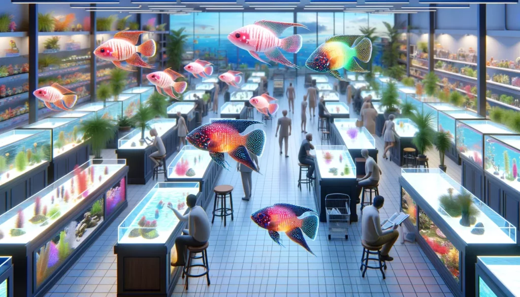 bustling ornamental fish market with a special focus on GloFish. The scene should depict various aquarium shops displaying Gl
