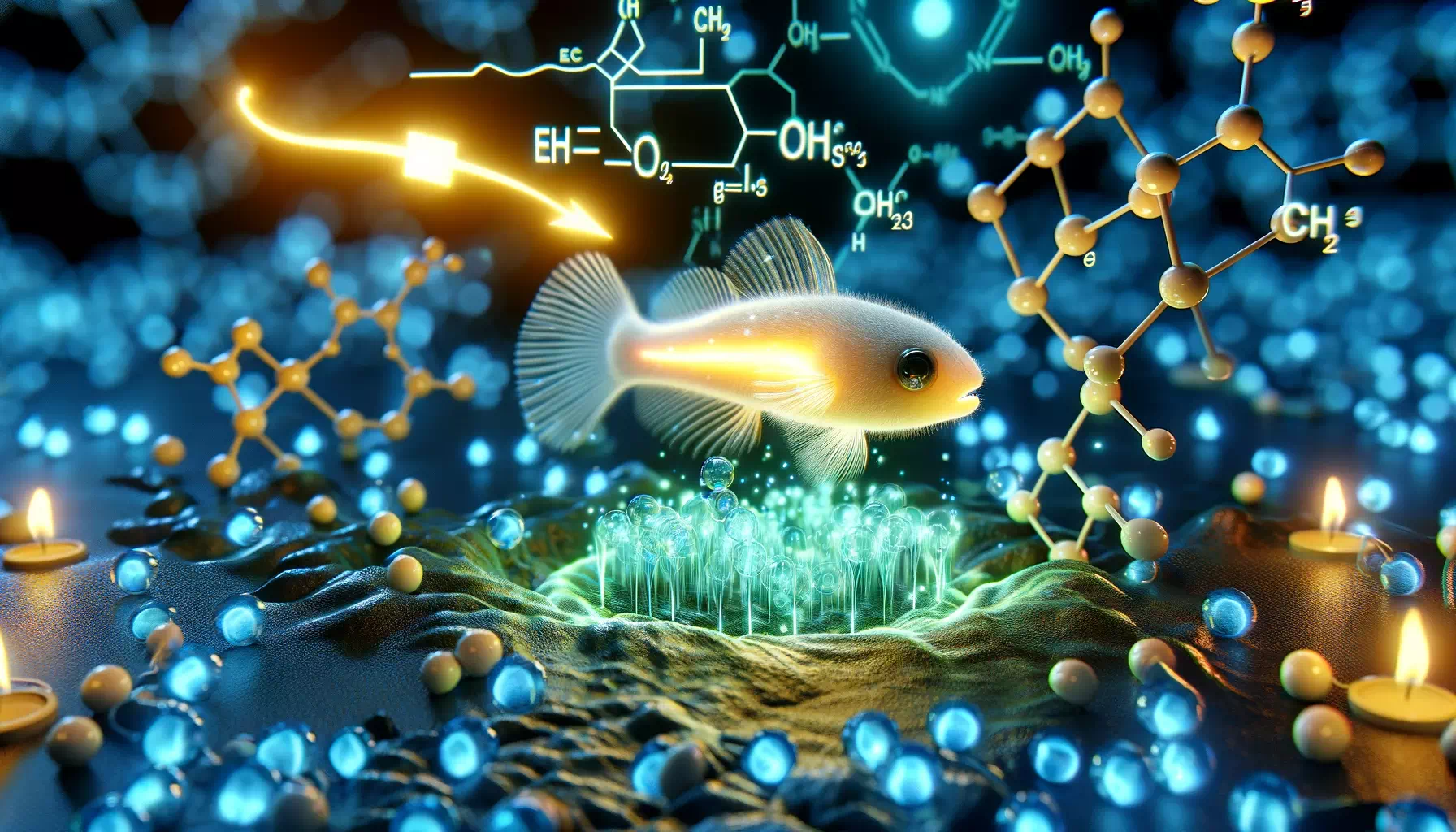 chemistry of bioluminescence, focusing on the enzyme luciferase in the context of GloFish. The image should be realistic