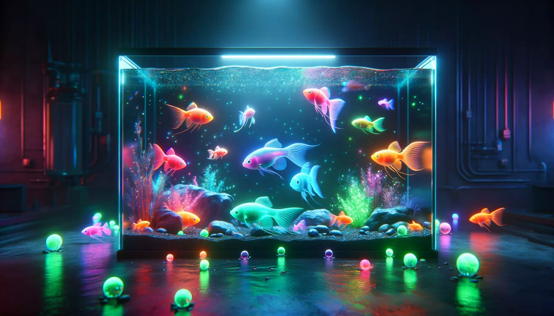 cinematic style of an aquarium with GloFish showcasing their unique glowing properties. The scene depicts various GloFish