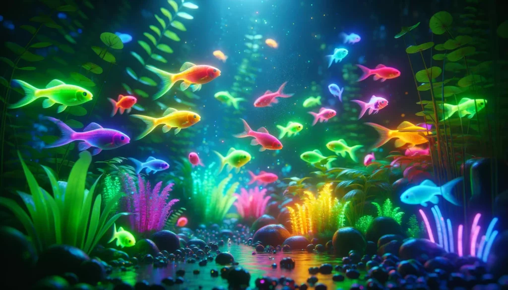 colors of GloFish in an aquarium setting, showcasing a realistic and vibrant underwater world. The image should capt