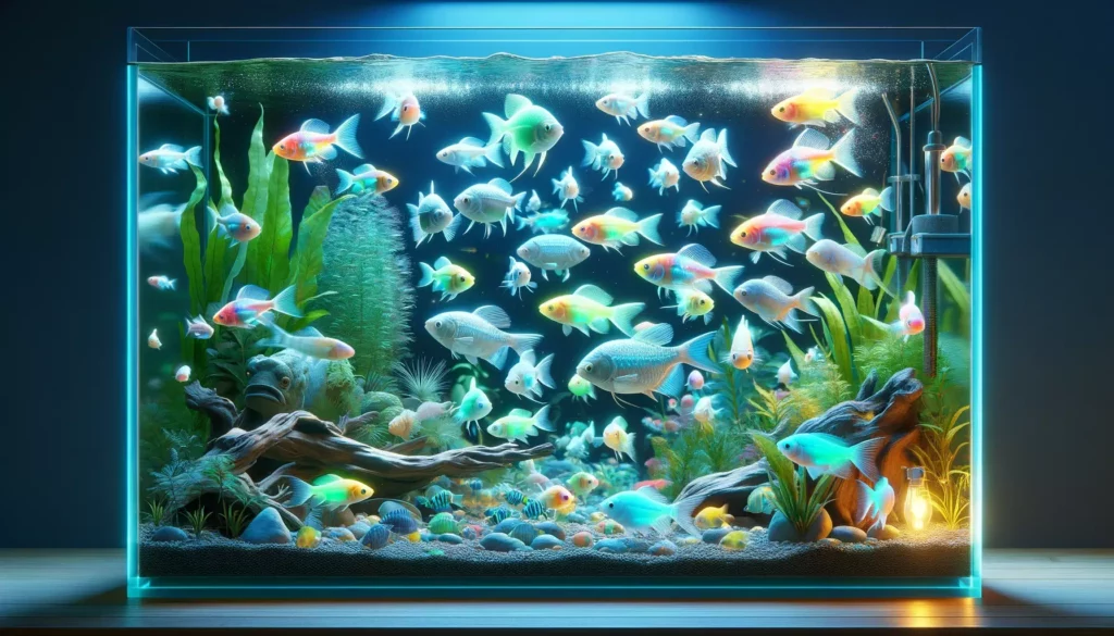 community aquarium showcasing territorial behaviors of GloFish. The scene should depict a diverse mix of GloFish