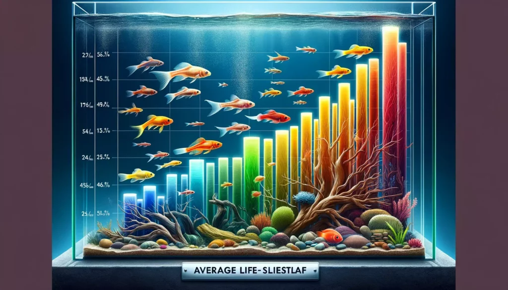comparing the average lifespan of different GloFish species in an aquarium setting. The image should show a detailed horizonta