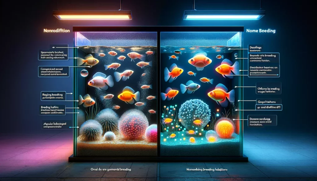 comparing the breeding behaviors of GloFish and non-modified fish in a split aquarium setting. One side of the aquarium showcases Gl