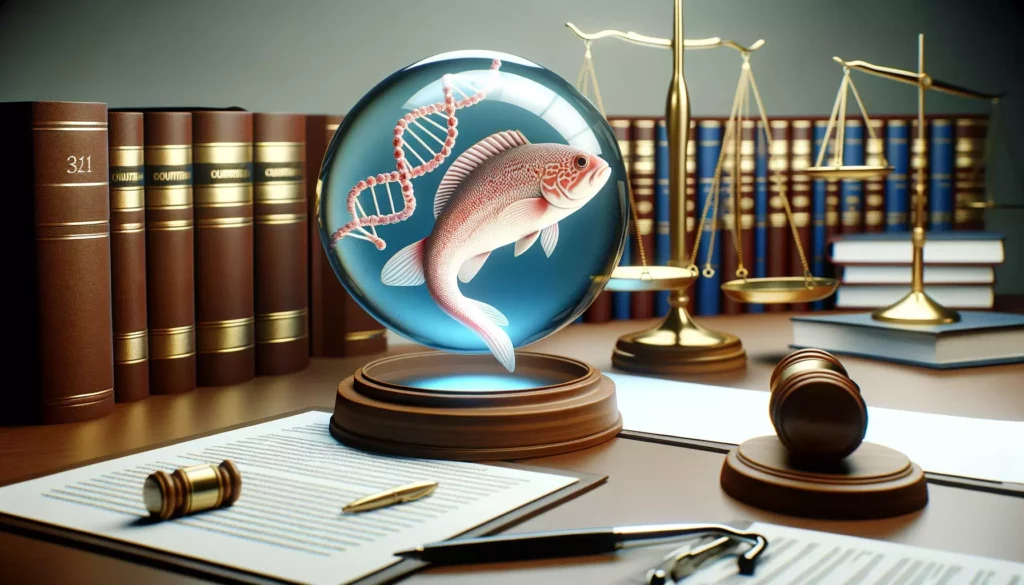 courtroom or legal setting, symbolizing the legal and regulatory challenges faced by GloFish development. The image shou