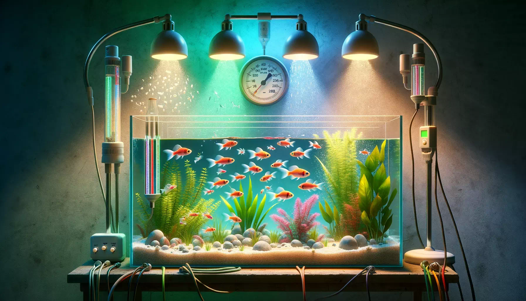 depicting GloFish adapting to environmental changes in their aquarium habitat. The scene should include elements that