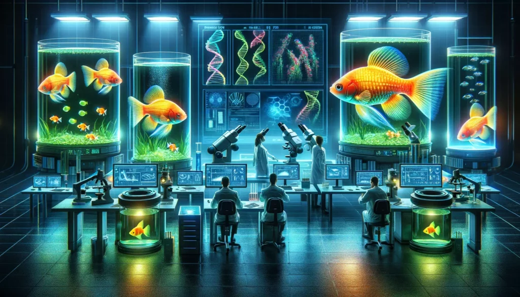 depicting GloFish in a scientific research setting, highlighting their contribution to science and potential for future studies. Visualize a