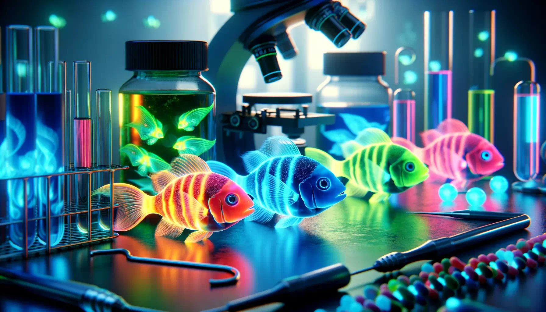 depicting GloFish with vibrant, fluorescent colors, highlighting their genetic modifications, in a laboratory set