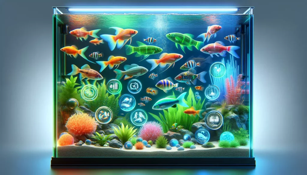 depicting a community tank with different types of GloFish, focusing on the aspects that contribute to their longevity and life span