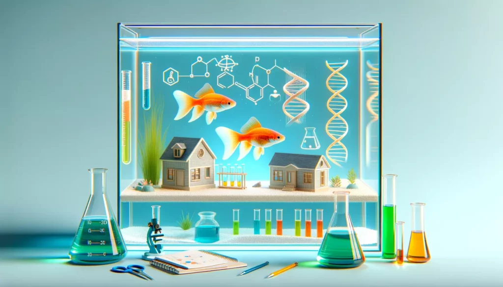 depicting a conceptual home aquarium lab setup for creating GloFish, with lab equipment, a small aquarium, and vi
