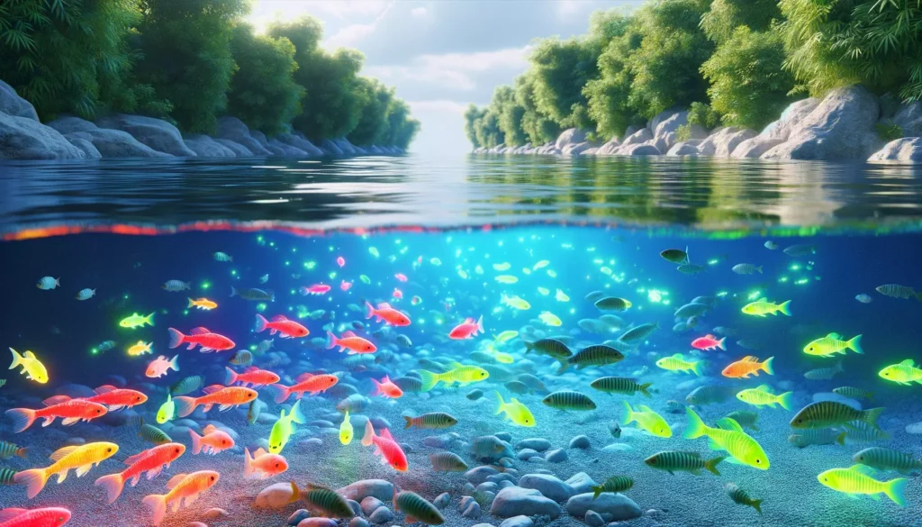 depicting a natural aquatic ecosystem with a focus on potential interactions between GloFish and native species. The scene should illus