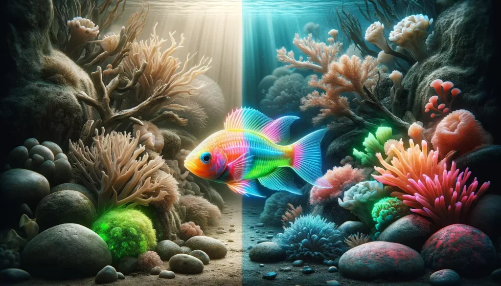 depicting a side-by-side comparison of a GloFish and its wild counterpart, emphasizing the difference in colors. The scene should be split, w