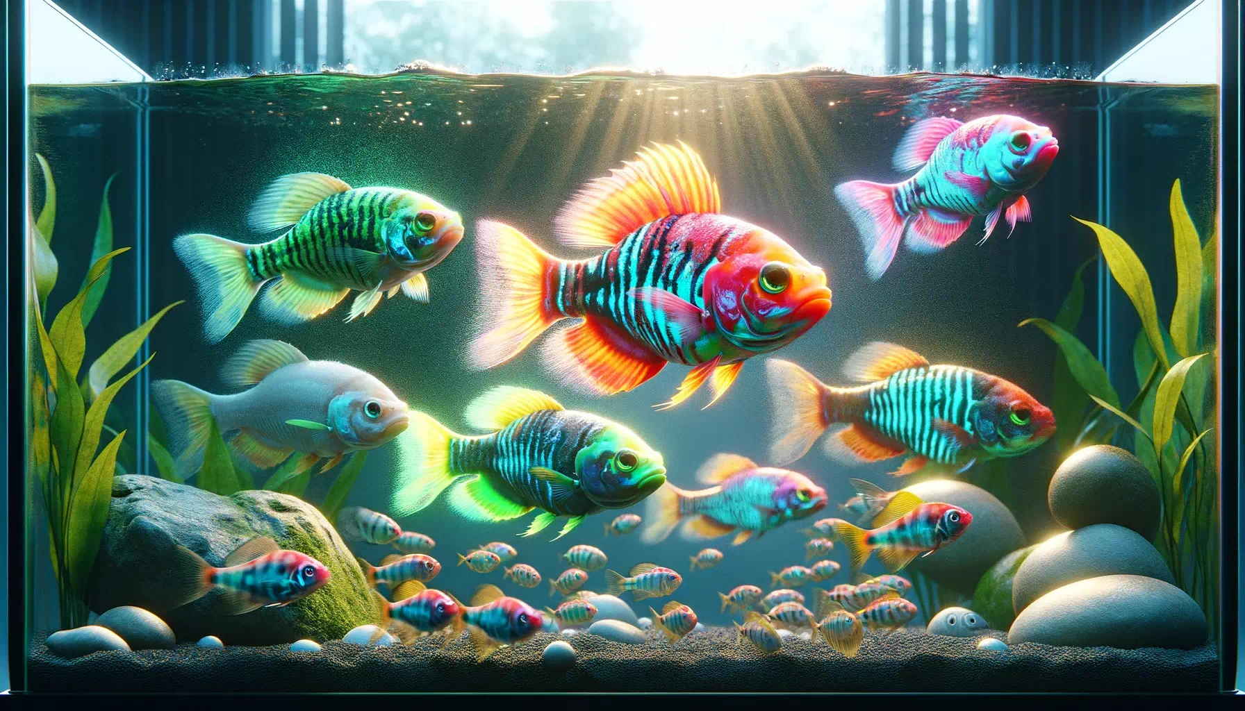 depicting the behavioral and appearance changes in fish post-GloFish transformation. The scene contrasts the