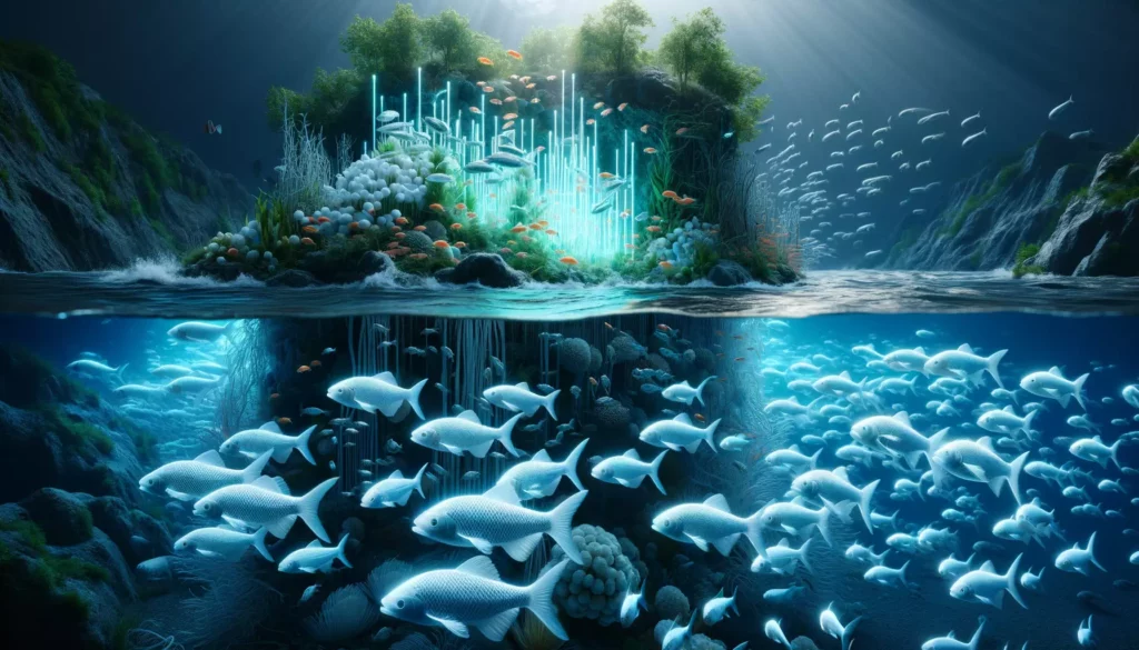 depicting the environmental and ecosystem impact of GloFish. The image should illustrate a contrast between