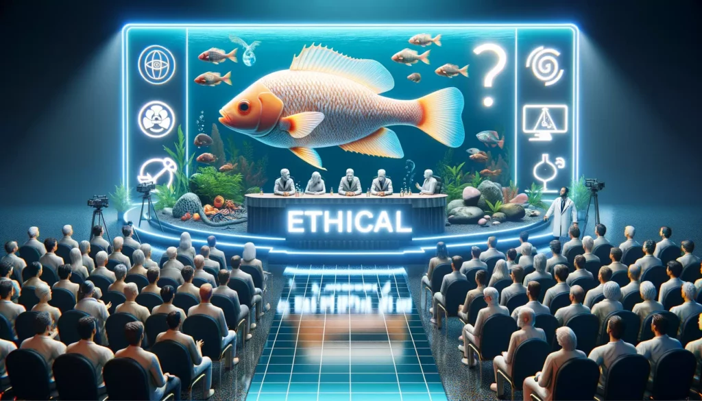 depicting the ethical considerations and controversies in GloFish sales. The scene illustrates a debate sett