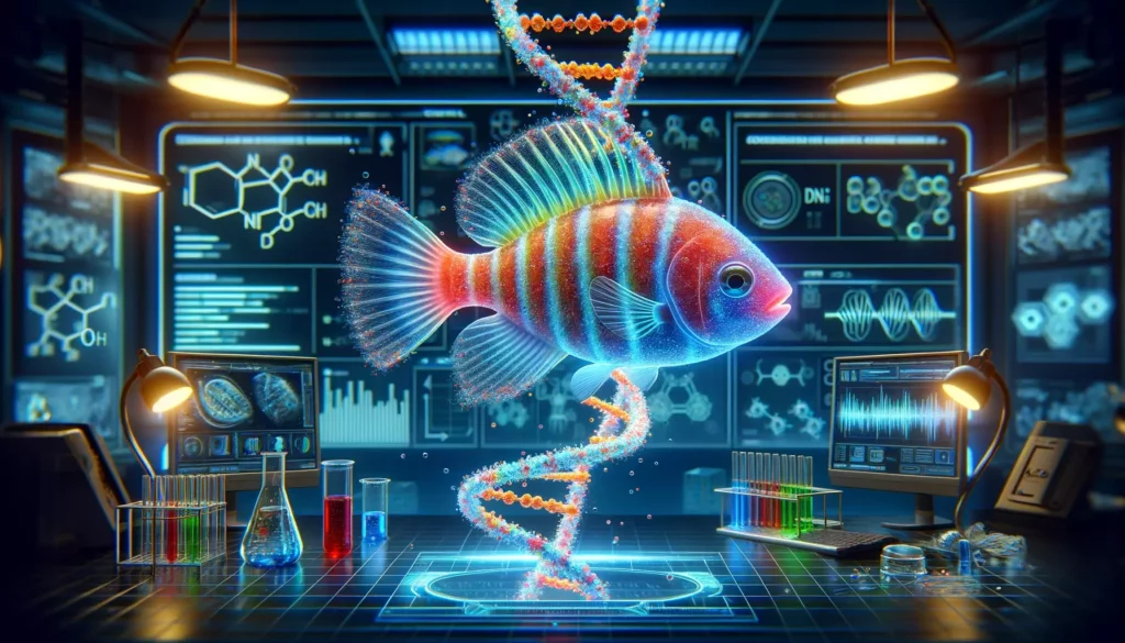 depicting the genetic makeup of GloFish. The image vividly illustrates the specific genes responsible for