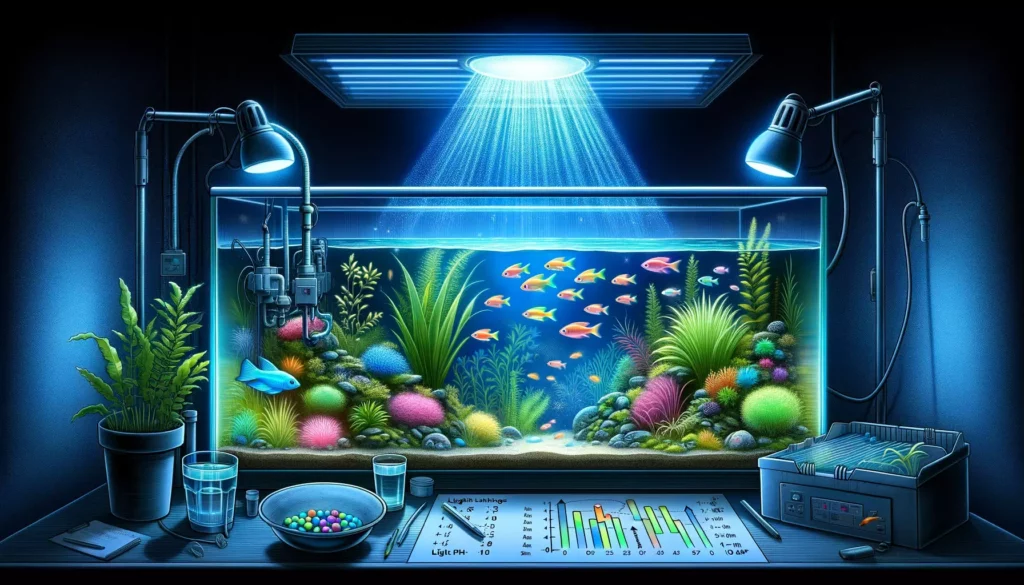 depicting the lighting and environmental needs for a GloFish tank. The scene should show a well-lit GloFish aquarium