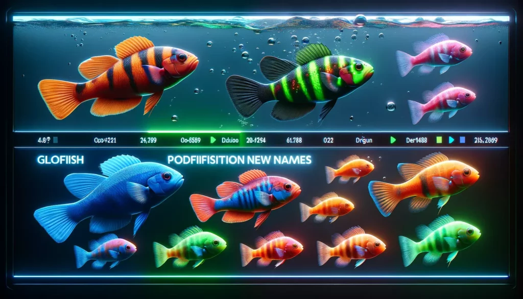 depicting the name changes of fish species post-modification into GloFish. The scene shows GloFish in vibran