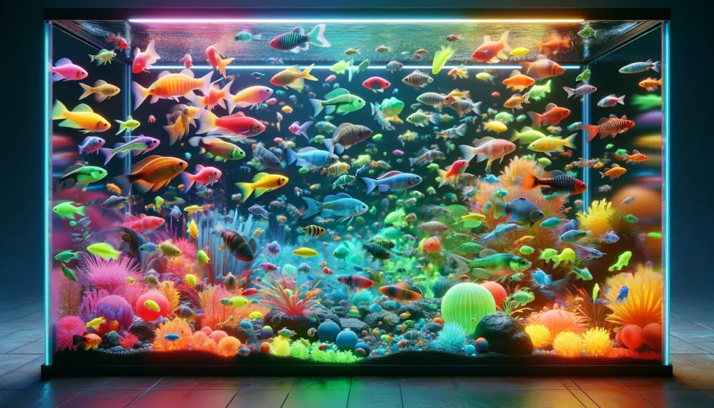 diverse aquarium environment filled with various species of GloFish. The focus should be on the vibrant colors and distinc