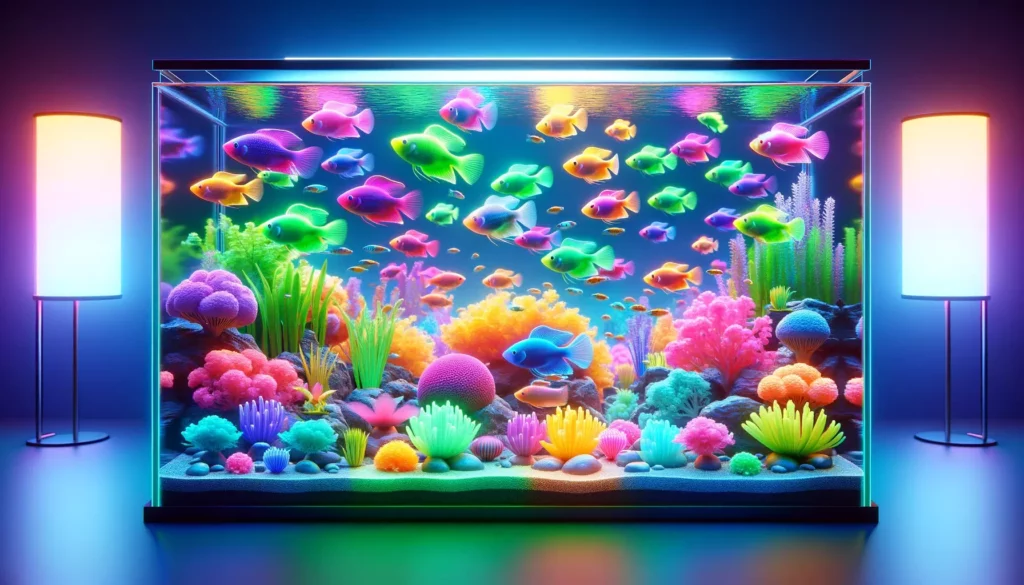 diverse aquarium, showcasing the most popular GloFish colors among enthusiasts. The image should depict GloFish in ele