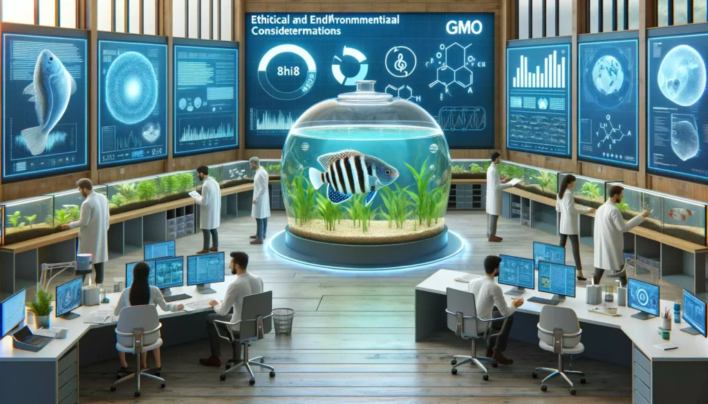 environmental research center, representing the ethical and environmental considerations of GloFish. The image should s