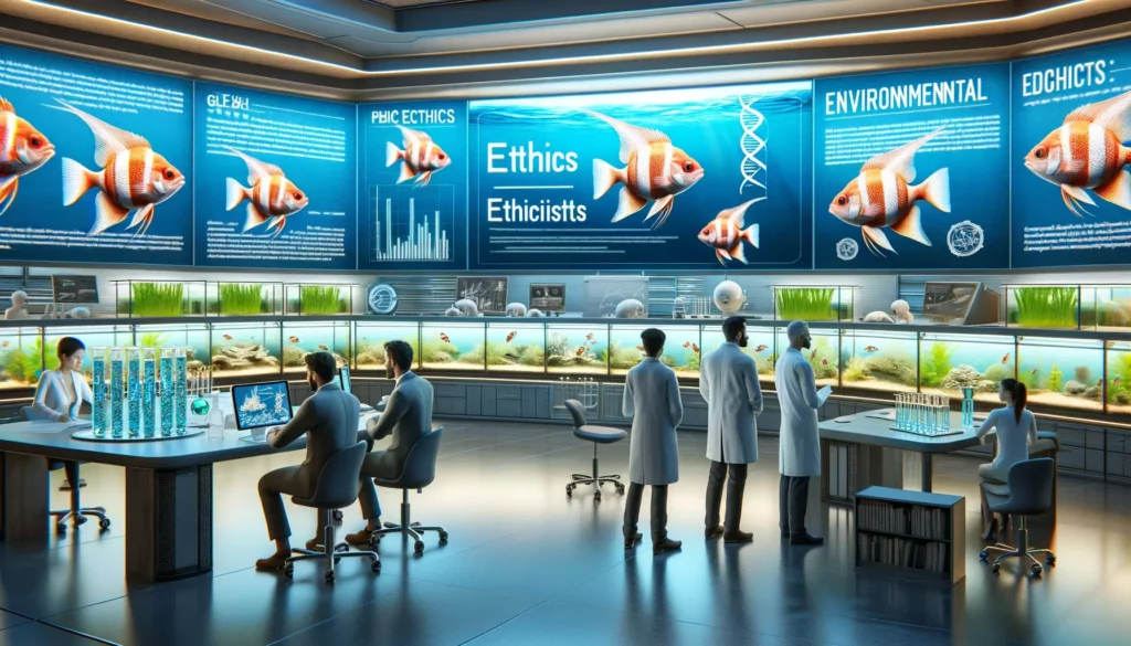 ethics and environmental impact research lab focused on GloFish. The scene should show scientists and ethicists in a mo