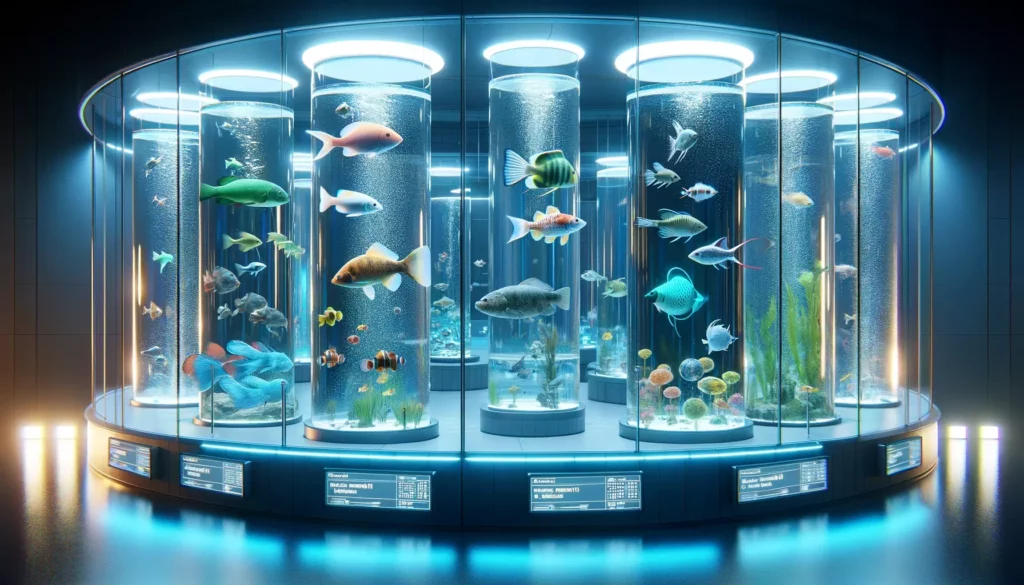 fish in a laboratory setting, showcasing the diversity of species used in creating GloFish. Depict a cinematic, und