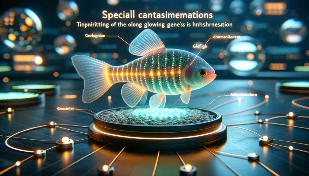 focusing on the special characteristics of the glowing genes transmission in GloFish. The scene shows a cl