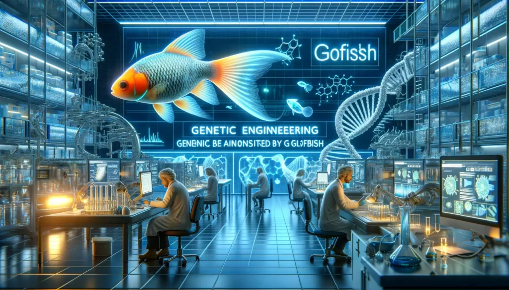 futuristic genetic engineering laboratory, symbolizing the advancements in the field inspired by GloFish. The scene shou
