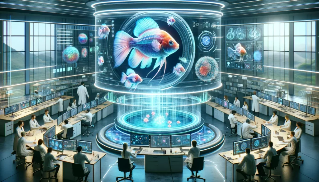futuristic laboratory where scientists are exploring potential directions for the development of GloFish. The image should be