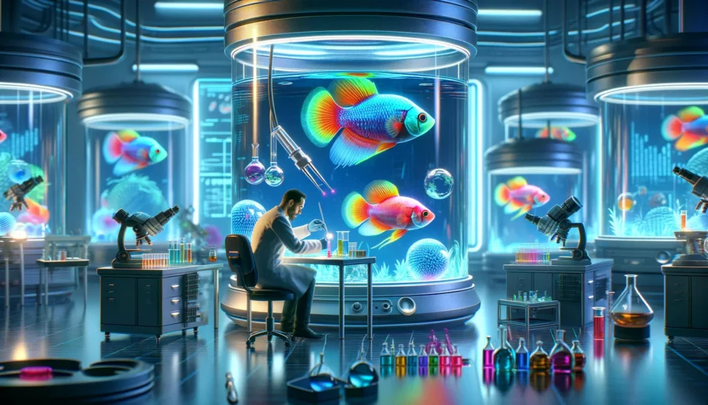 futuristic laboratory with scientists developing new GloFish colors. The image should capture the essence of innovation