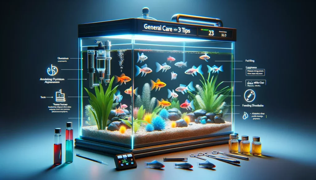 general care tips for GloFish in an aquarium. The image should realistically depict a well-maintained aquarium wit