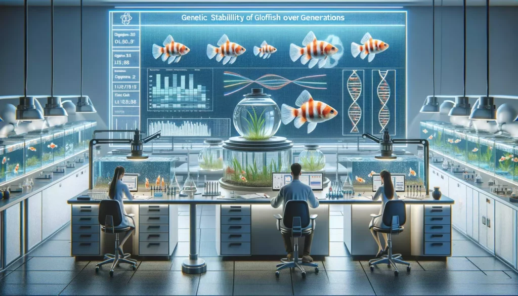 genetics laboratory focused on ensuring the genetic stability of GloFish over generations. The scene should depict scien