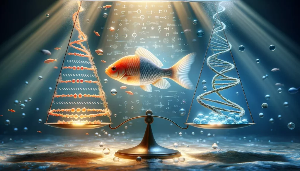 illustrates the balance between innovation and ethics in genetic modification of GloFish. The image depicts a Gl