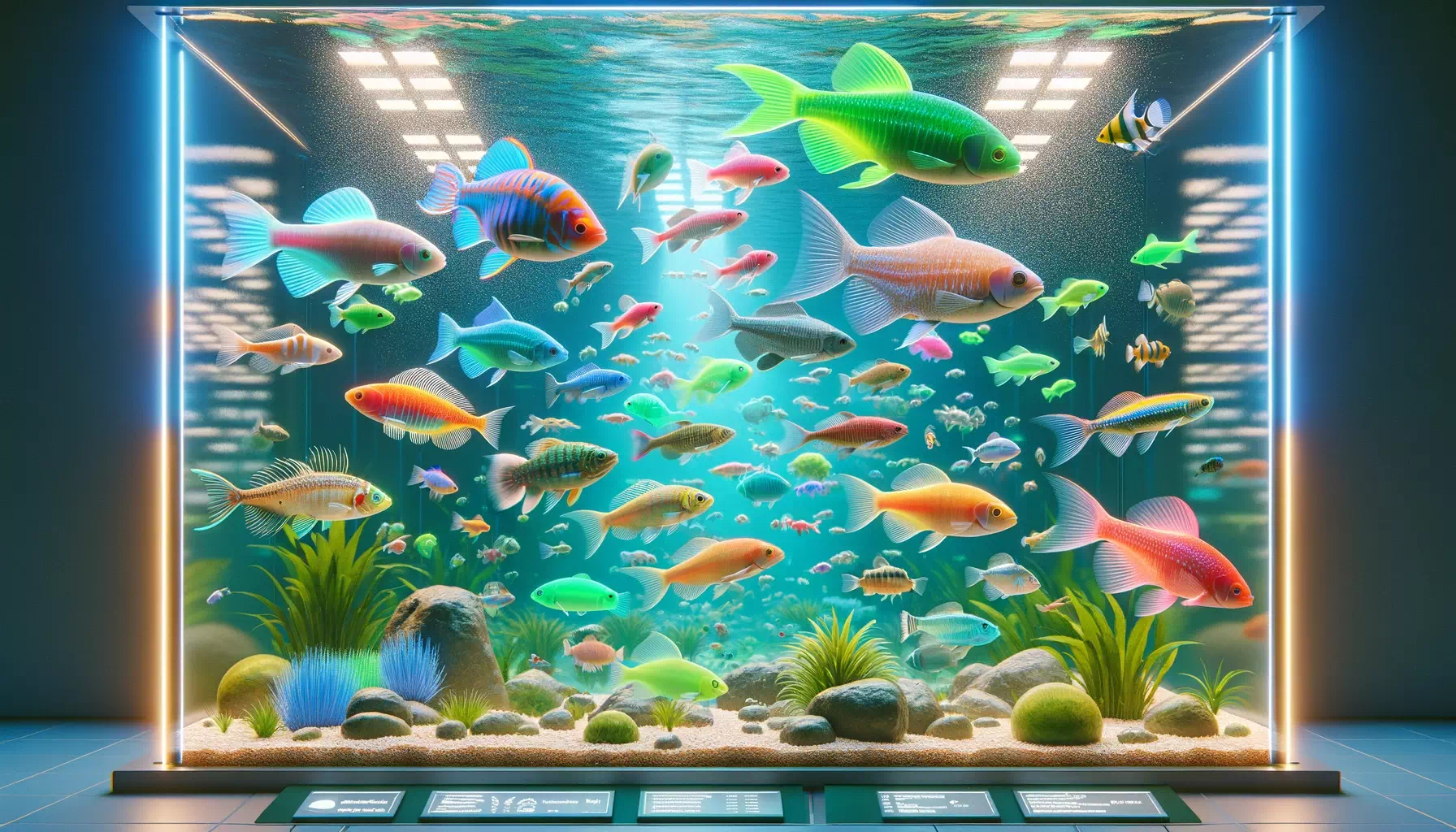 illustrating a variety of GloFish species in a large, well-lit aquarium. Showcase different species of GloFish, each w