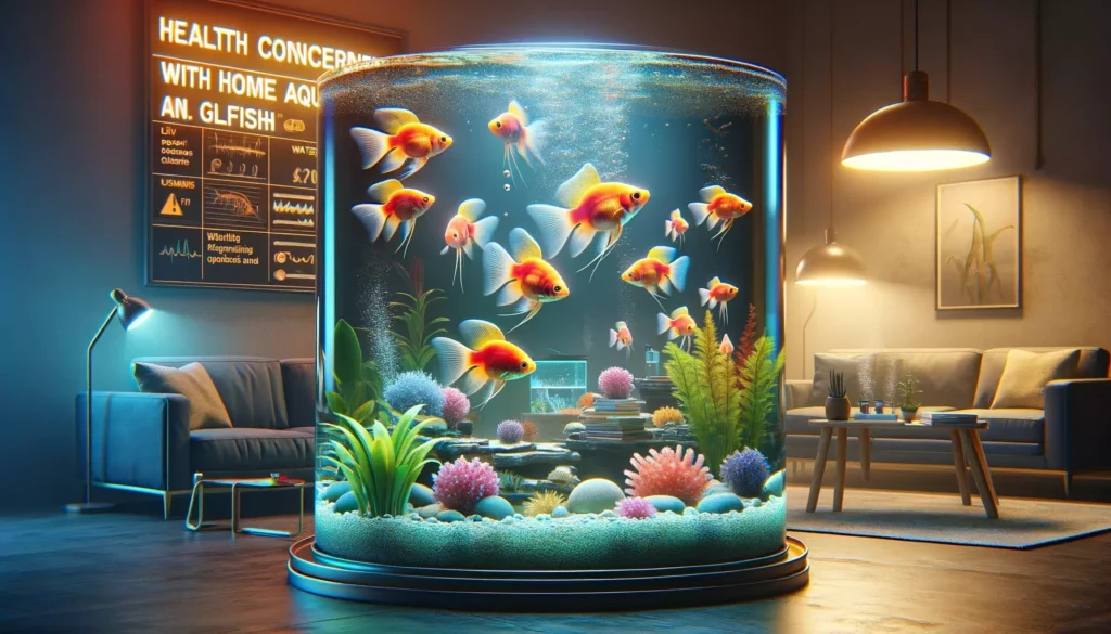 illustrating health concerns with home aquarium GloFish. The image should show a home aquarium setting with