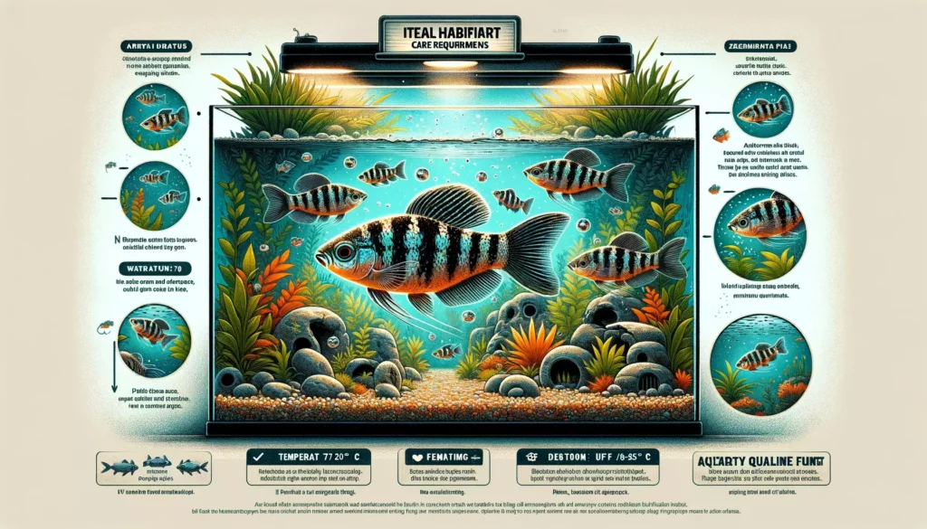 illustration depicting the ideal habitat and care requirements for Zebra Danios GloFish in an aquarium. The ima