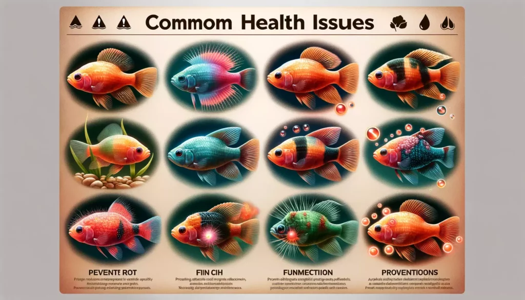illustration showing common health issues in GloFish and their prevention methods. The image should display different GloF