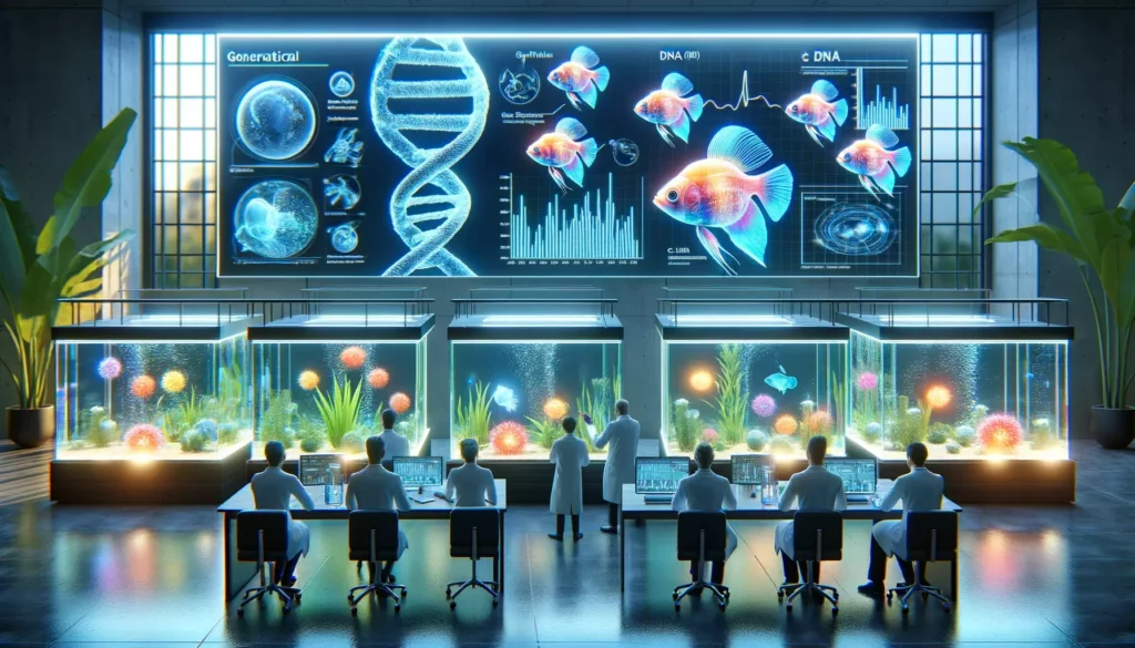 informational scene about GloFish as a biological project. Visualize a modern laboratory setting with aqu
